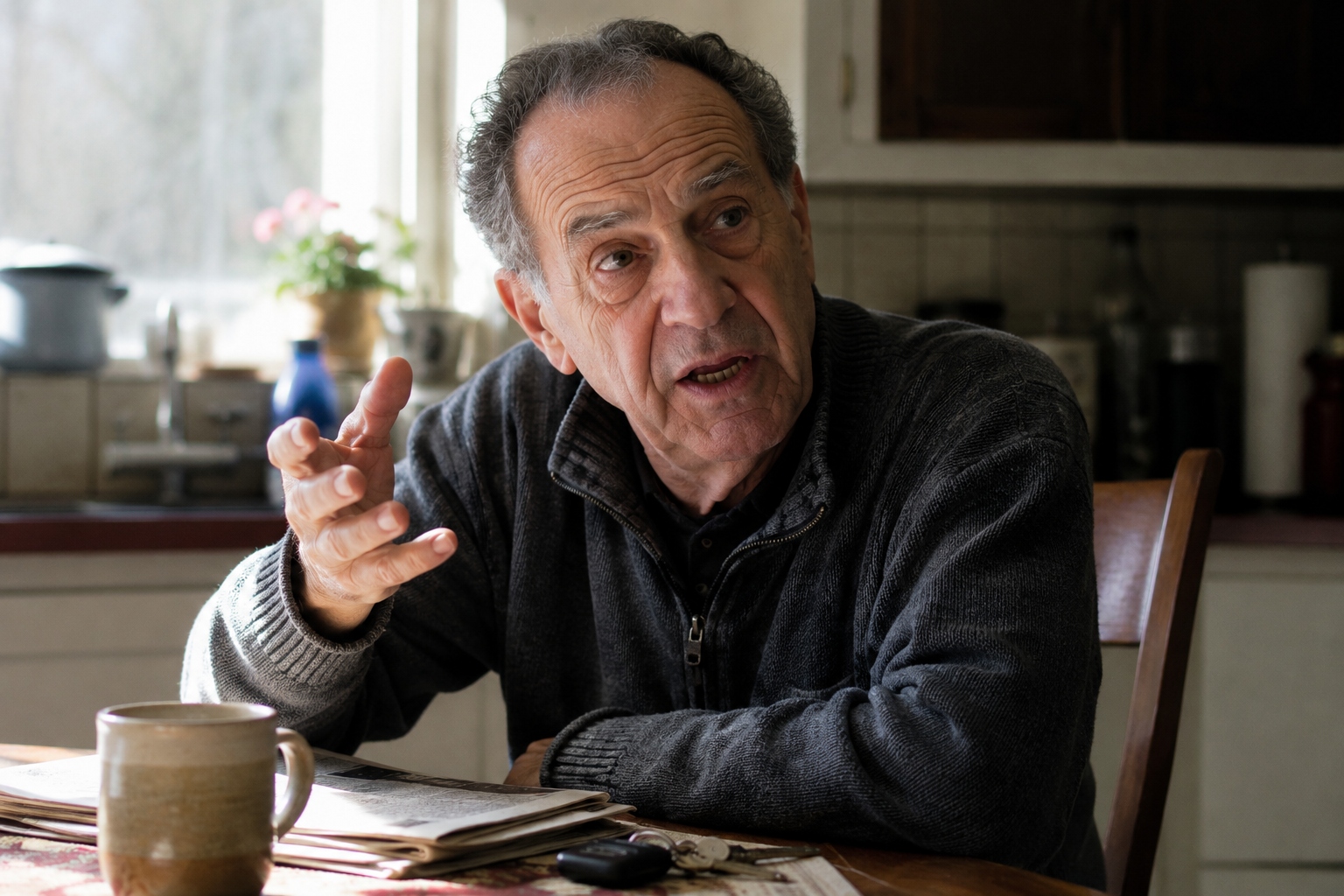 A Prime Citizen at his kitchen table, mid-conversation, gesturing.