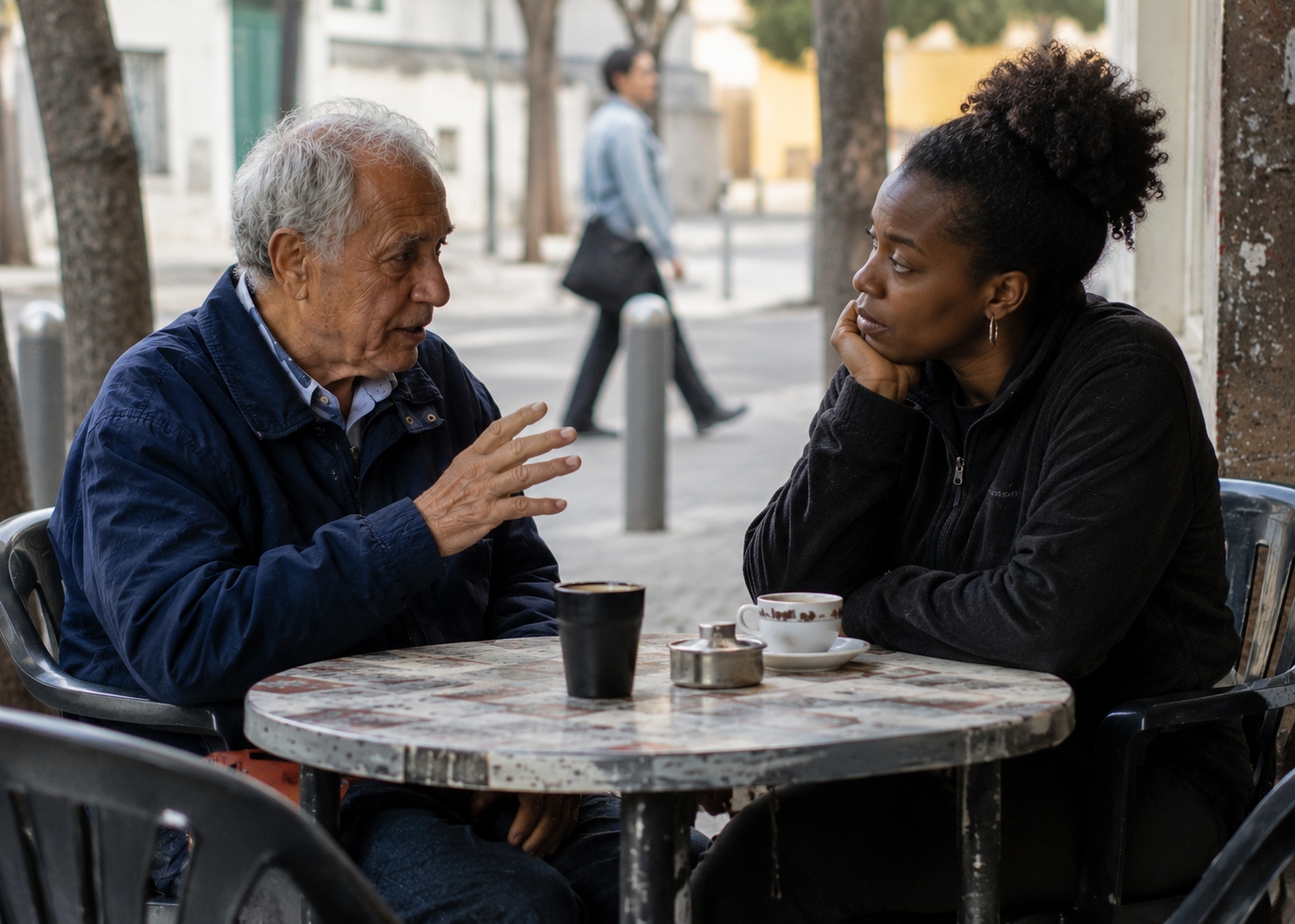 A Prime Citizen and a Knowledge Seeker in conversation at a cafe table.