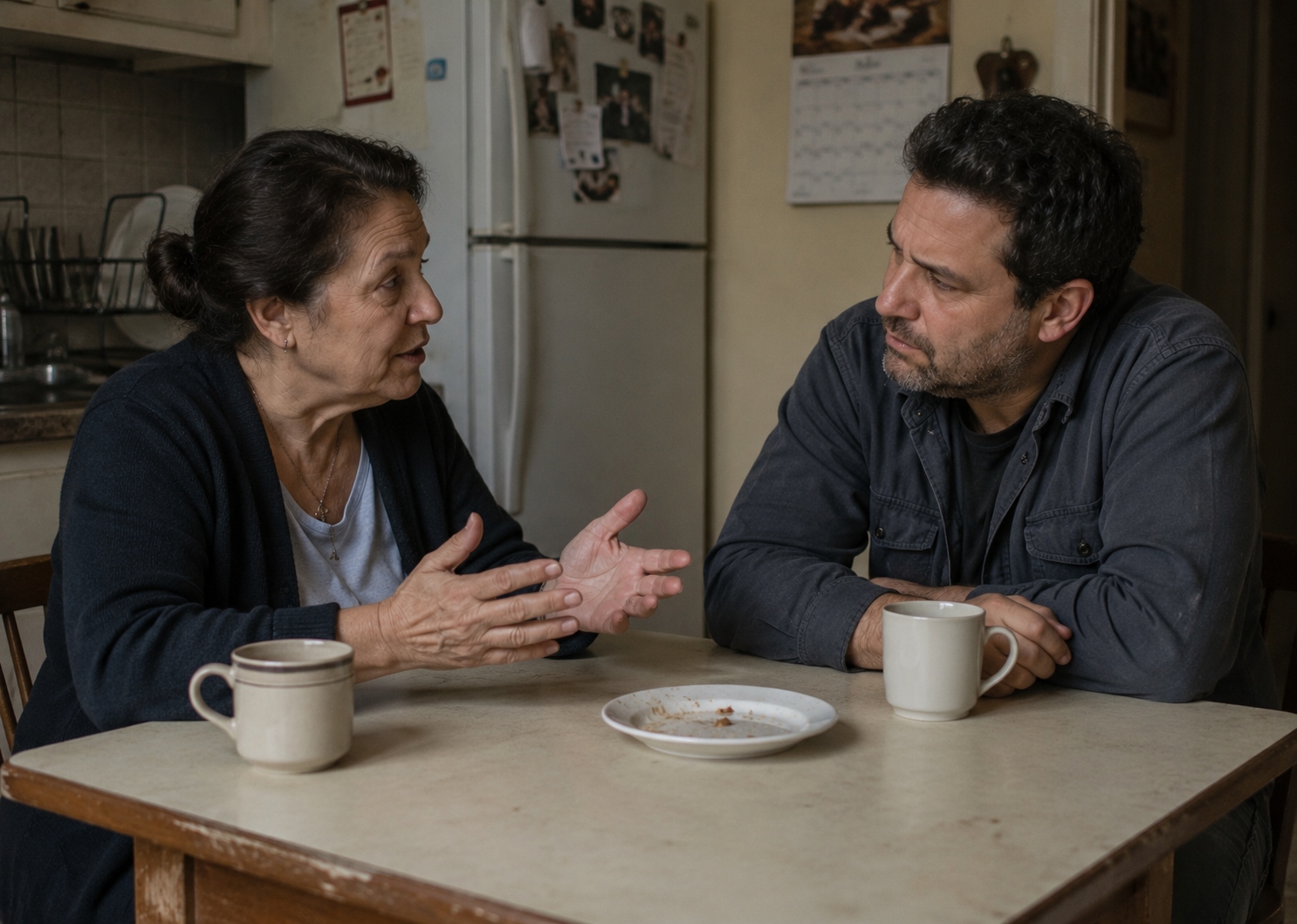 A Prime Citizen and a Knowledge Seeker in conversation at a kitchen table.