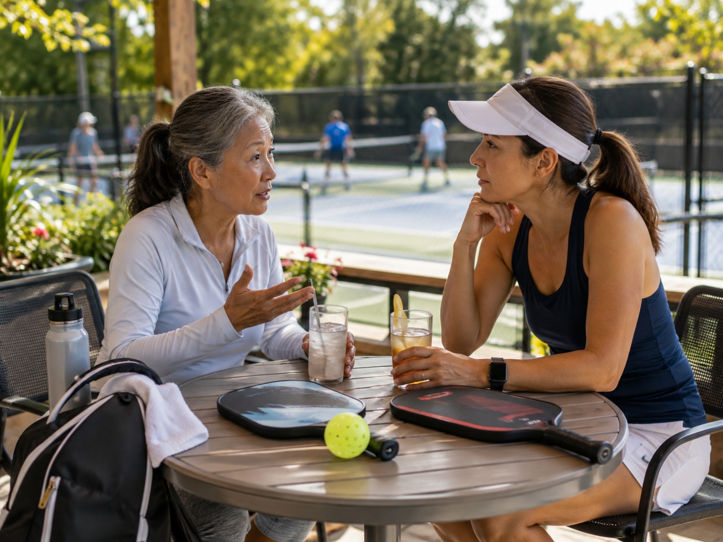 Two women in conversation at a table beside a pickleball court \u2014 water bottle, paddles and ball on the table between them.
