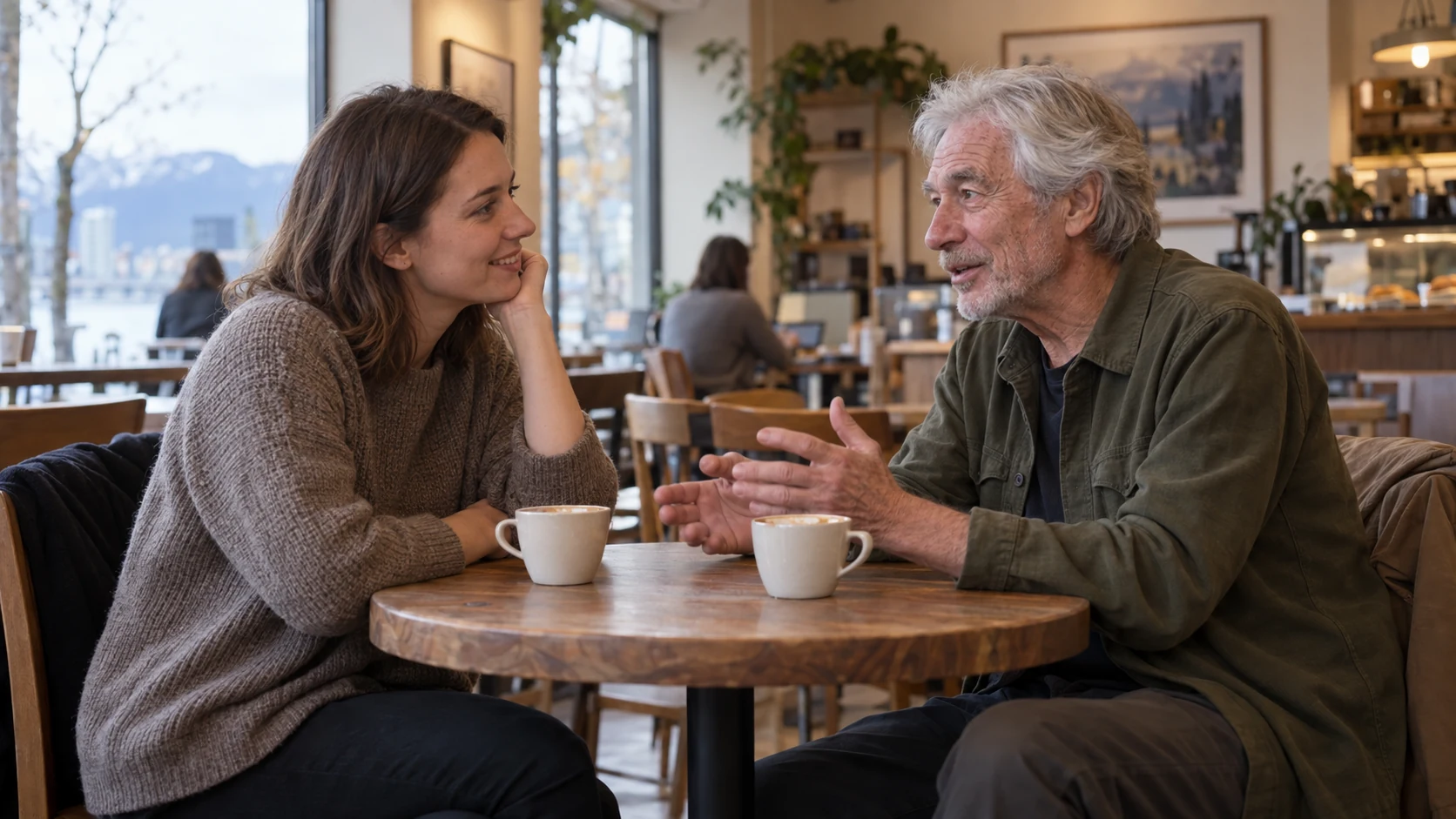 A younger woman and an older man share a conversation in a neighbourhood café.
