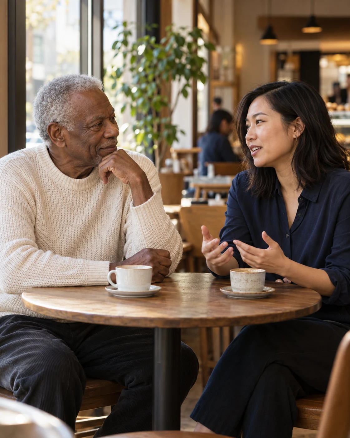 An older Black man and a younger East Asian woman share a conversation over coffee.