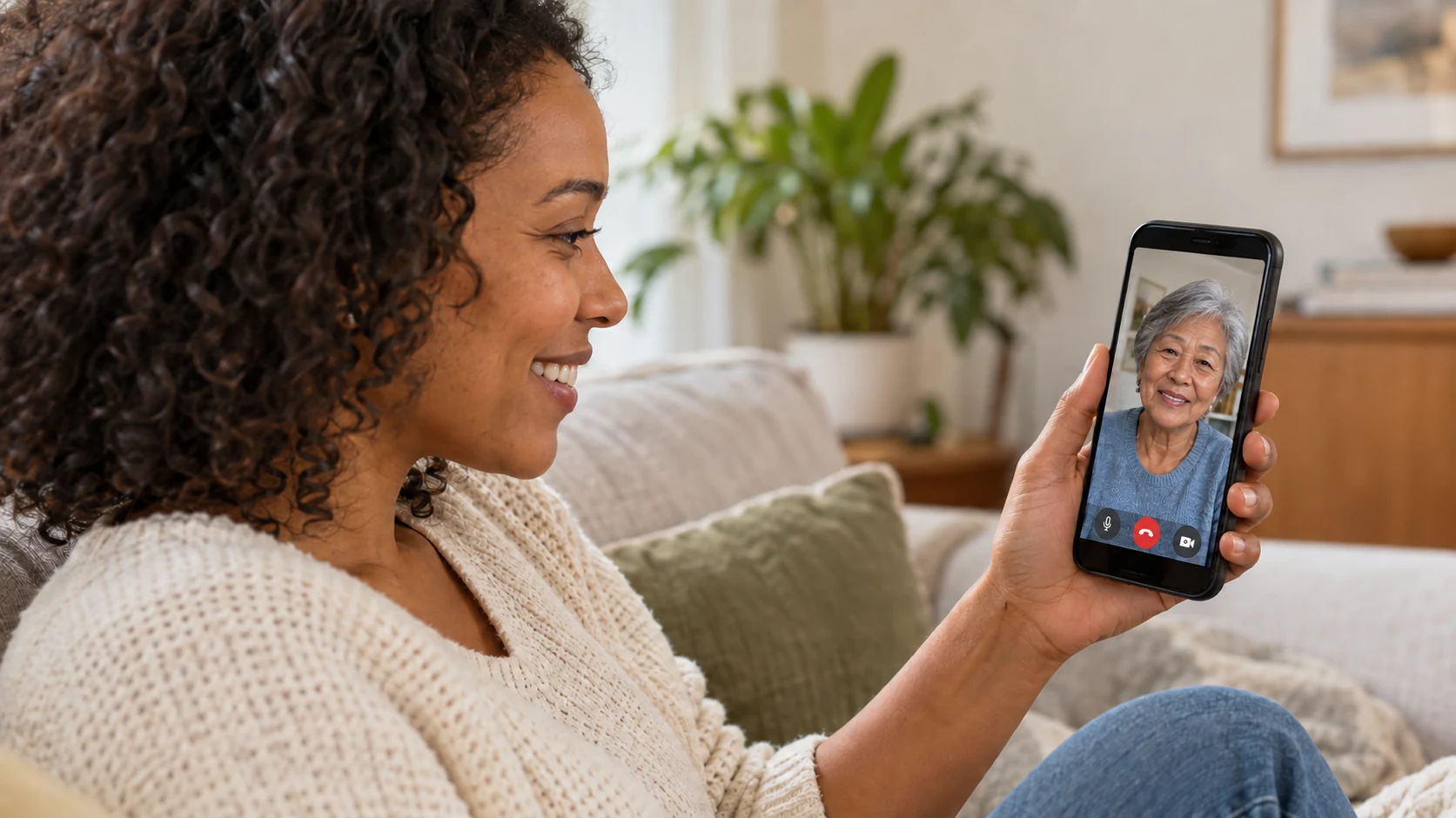 A younger Black woman connects by video call with an older East Asian woman.