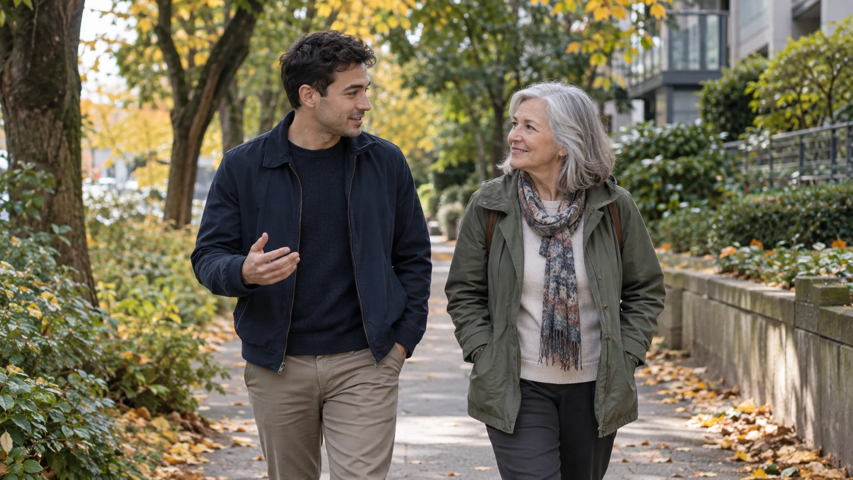 A younger man and an older woman walk together along a leafy path.